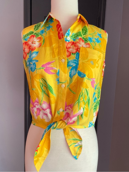 Ralph Lauren Tops - Y2K Lauren Ralph Lauren Linen Yellow Floral Tie-Front Sleeveless Button-Up Top